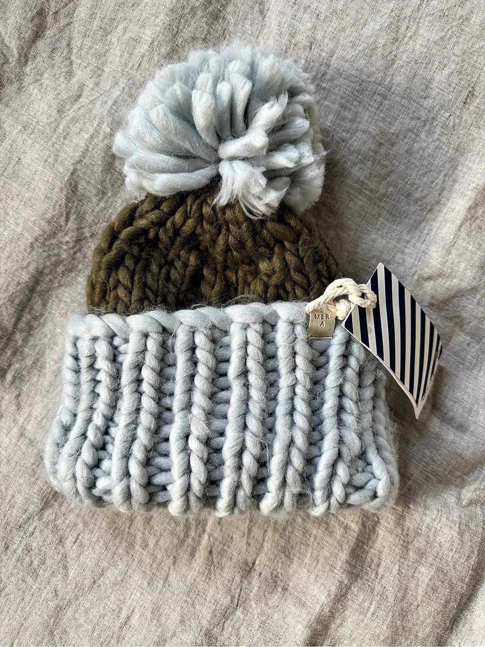Mersea Knit Pom Beanie in Blue & Green NWT